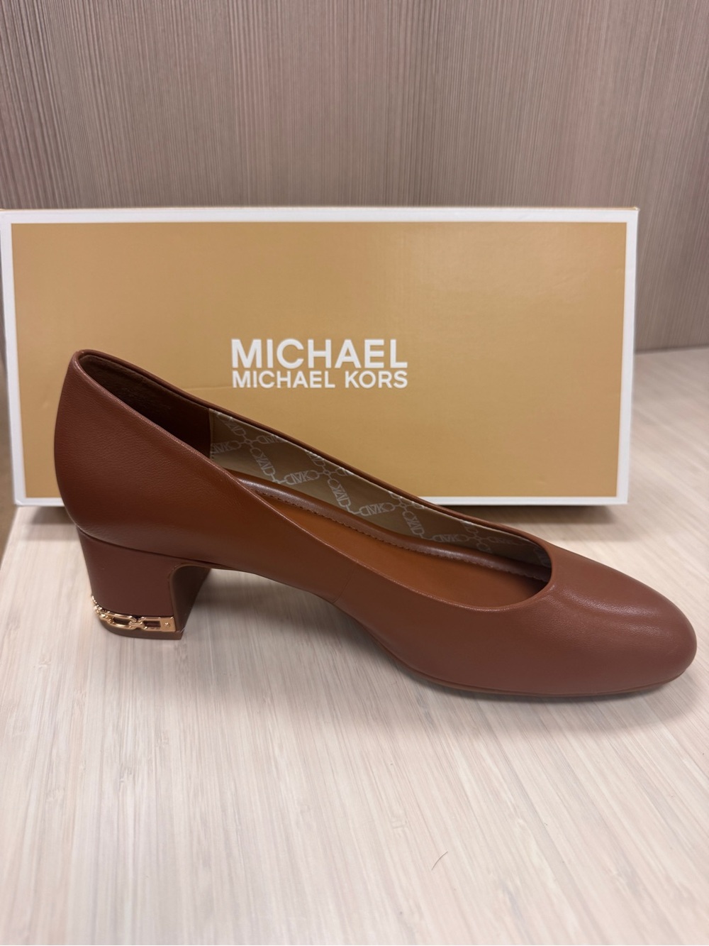 Michael Kors Cognac Leather Mid Block Heel Pumps